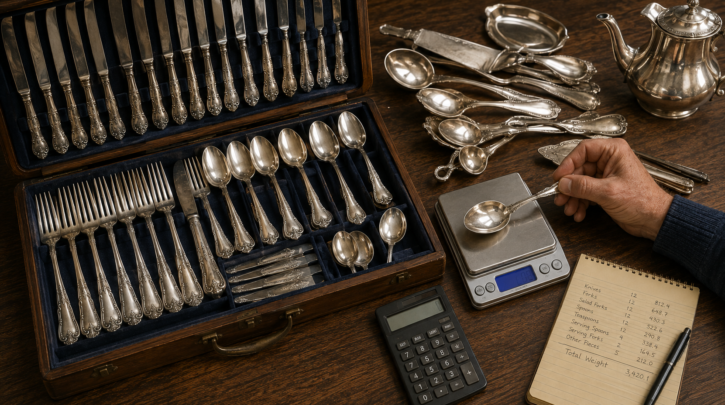 Illustration of weighing a full sterling flatware canteen to calculate melt value