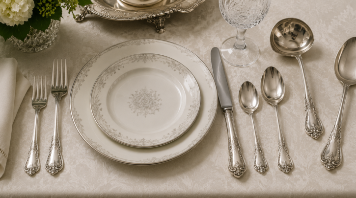 Illustration of a complete formal flatware place setting with serving pieces