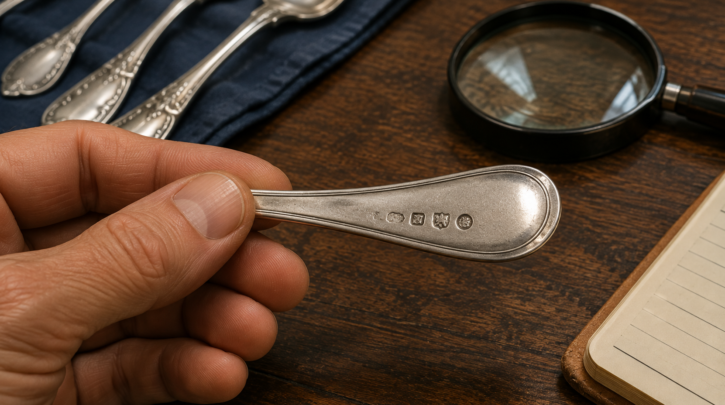 Illustration of checking a flatware hallmark before deciding on a paid appraisal