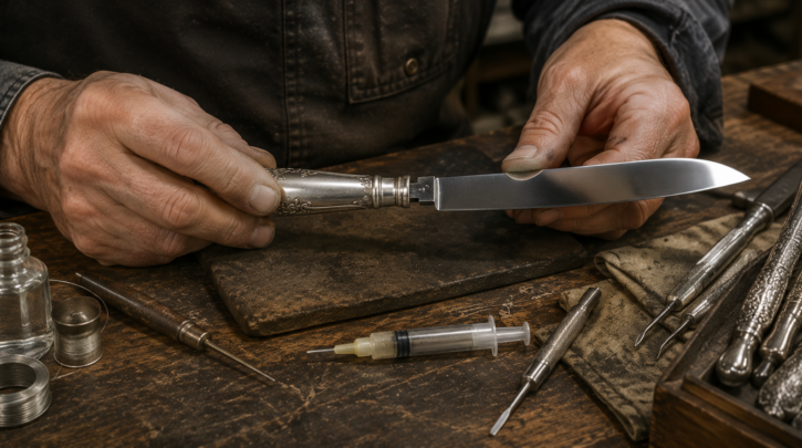 Illustration of a silversmith repairing a loose hollow knife handle