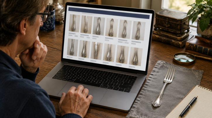 Illustration of searching a dedicated pattern-matching service to complete a flatware set