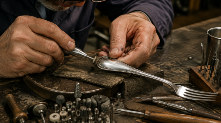 Illustration of professional monogram removal on a silver flatware handle