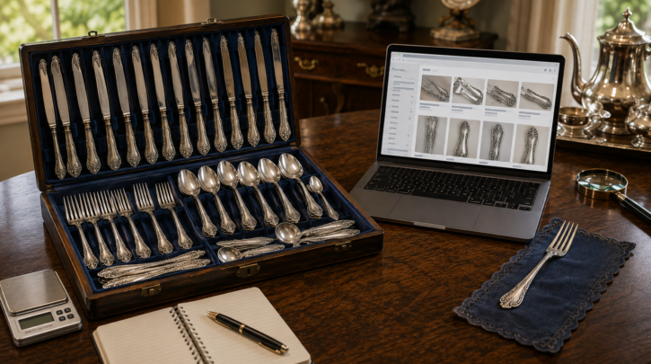 Illustration of checking a pattern's replacement value before deciding to melt sterling flatware