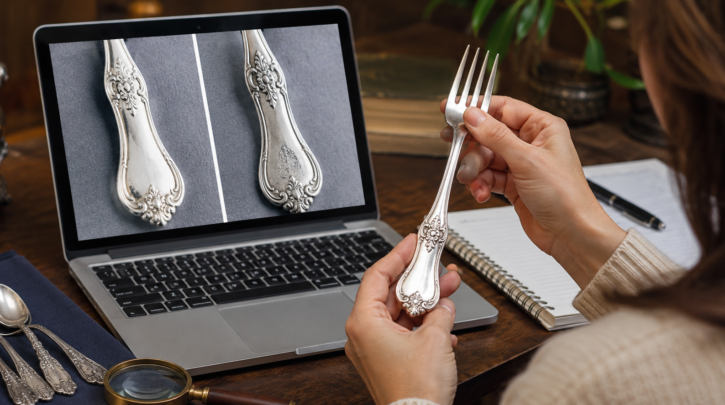 Illustration of visually matching a flatware pattern against a reference photo