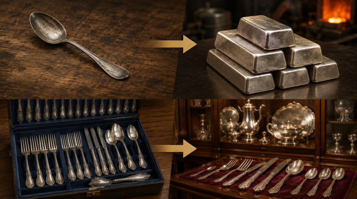 Illustration representing the two different selling paths for melt-value versus collector-value flatware