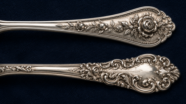 Illustration comparing the Rose Point and Grande Baroque sterling flatware patterns