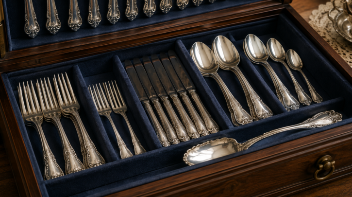 Illustration of silver flatware stored in an anti-tarnish lined chest