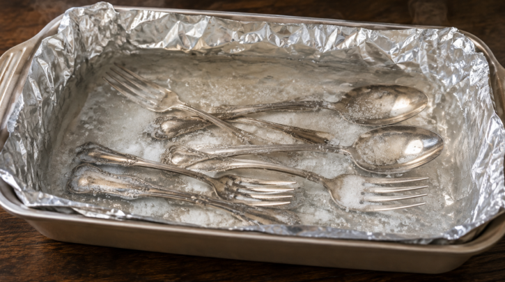 Illustration of the foil-and-baking-soda method for cleaning tarnished silver