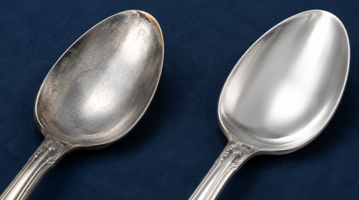 Illustration comparing a worn silverplate piece against a freshly re-plated one